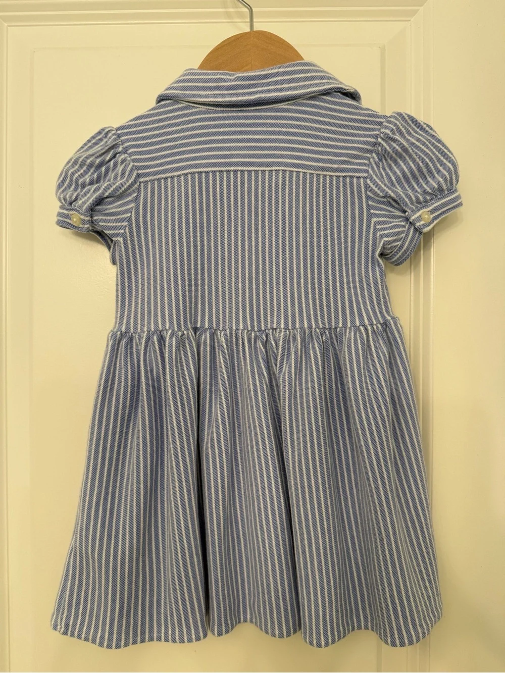 Ralph Lauren Light Blue & White Striped Polo Dress with Puff Sleeves